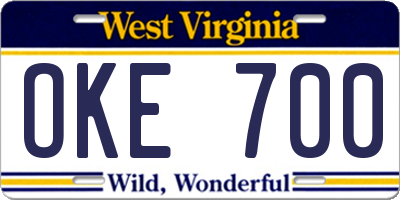 WV license plate OKE700