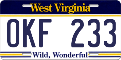 WV license plate OKF233