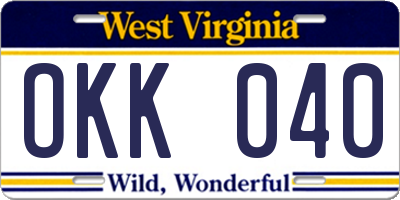 WV license plate OKK040