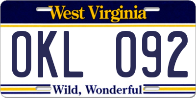 WV license plate OKL092