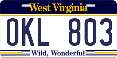 WV license plate OKL803