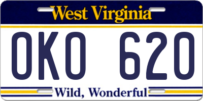 WV license plate OKO620