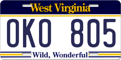 WV license plate OKO805