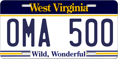 WV license plate OMA500