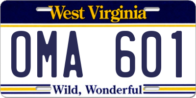 WV license plate OMA601