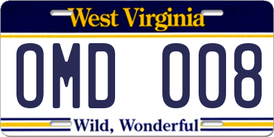 WV license plate OMD008