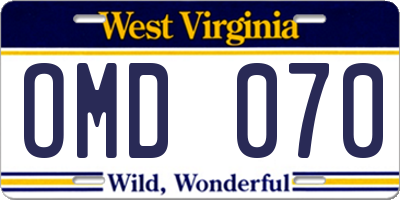WV license plate OMD070