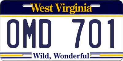 WV license plate OMD701