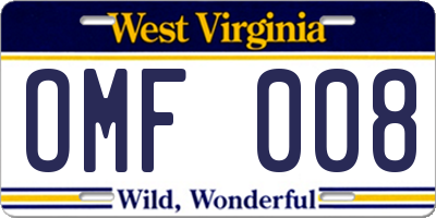 WV license plate OMF008