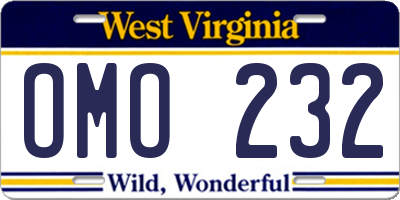 WV license plate OMO232