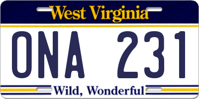 WV license plate ONA231