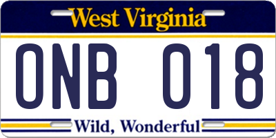 WV license plate ONB018