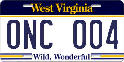 WV license plate ONC004