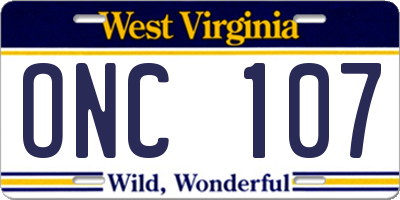 WV license plate ONC107