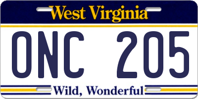 WV license plate ONC205