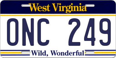 WV license plate ONC249