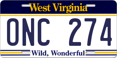 WV license plate ONC274