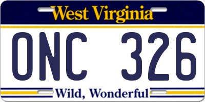 WV license plate ONC326