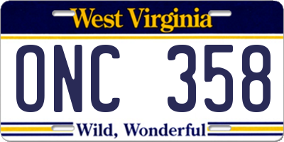 WV license plate ONC358