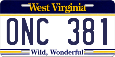 WV license plate ONC381