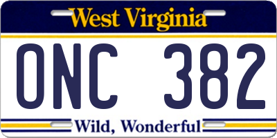 WV license plate ONC382