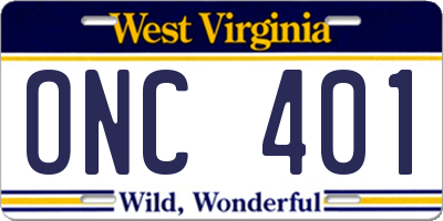 WV license plate ONC401
