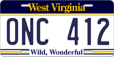 WV license plate ONC412