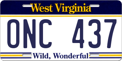WV license plate ONC437