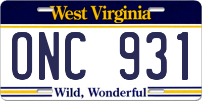 WV license plate ONC931