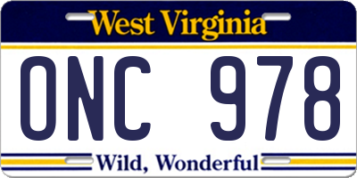 WV license plate ONC978