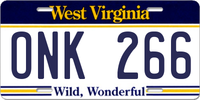 WV license plate ONK266
