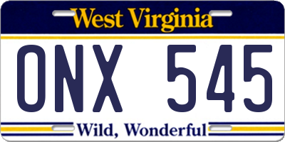 WV license plate ONX545