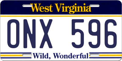 WV license plate ONX596