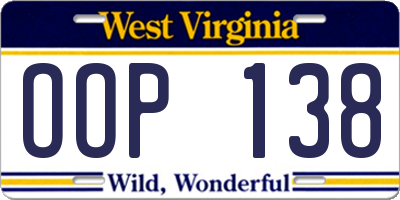 WV license plate OOP138