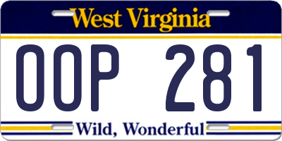WV license plate OOP281