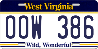 WV license plate OOW386
