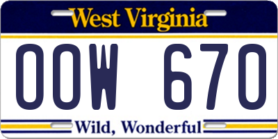 WV license plate OOW670