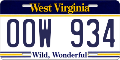 WV license plate OOW934