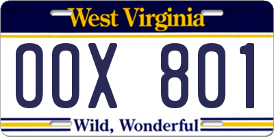 WV license plate OOX801