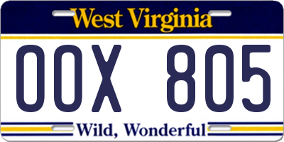 WV license plate OOX805