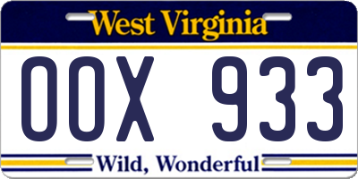 WV license plate OOX933