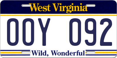 WV license plate OOY092