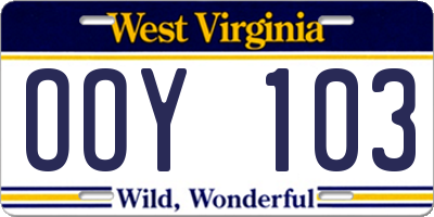 WV license plate OOY103