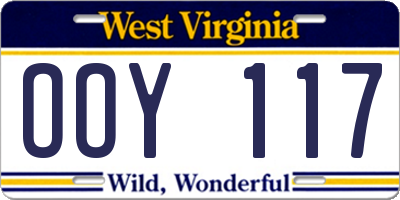 WV license plate OOY117