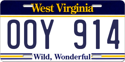 WV license plate OOY914