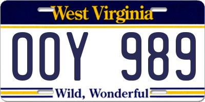 WV license plate OOY989