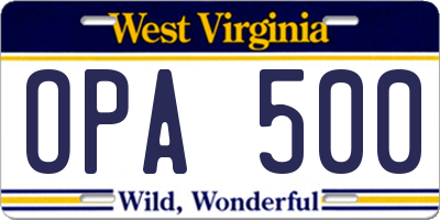WV license plate OPA500