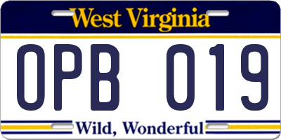WV license plate OPB019