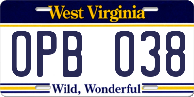 WV license plate OPB038