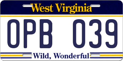 WV license plate OPB039